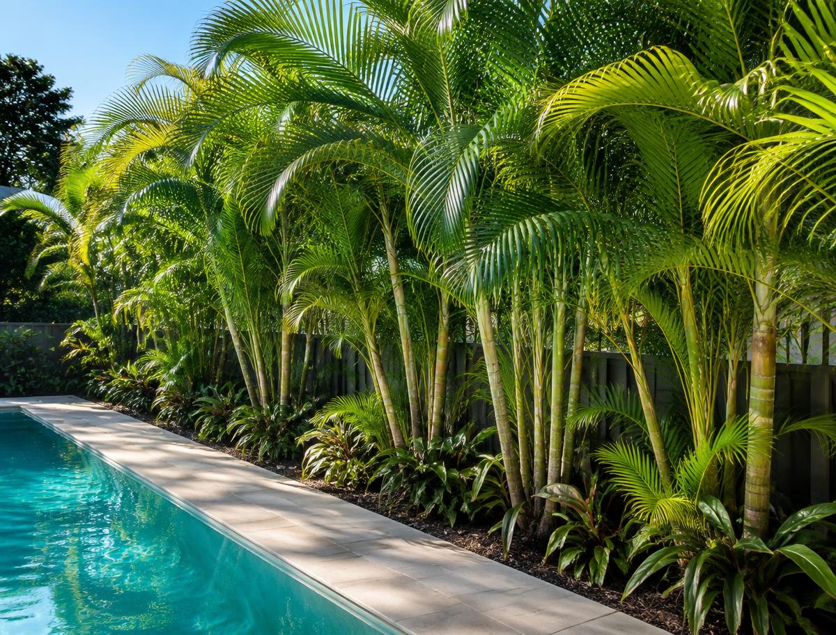 Golden cane palms forming a dense privacy screen along a Sydney fence line
