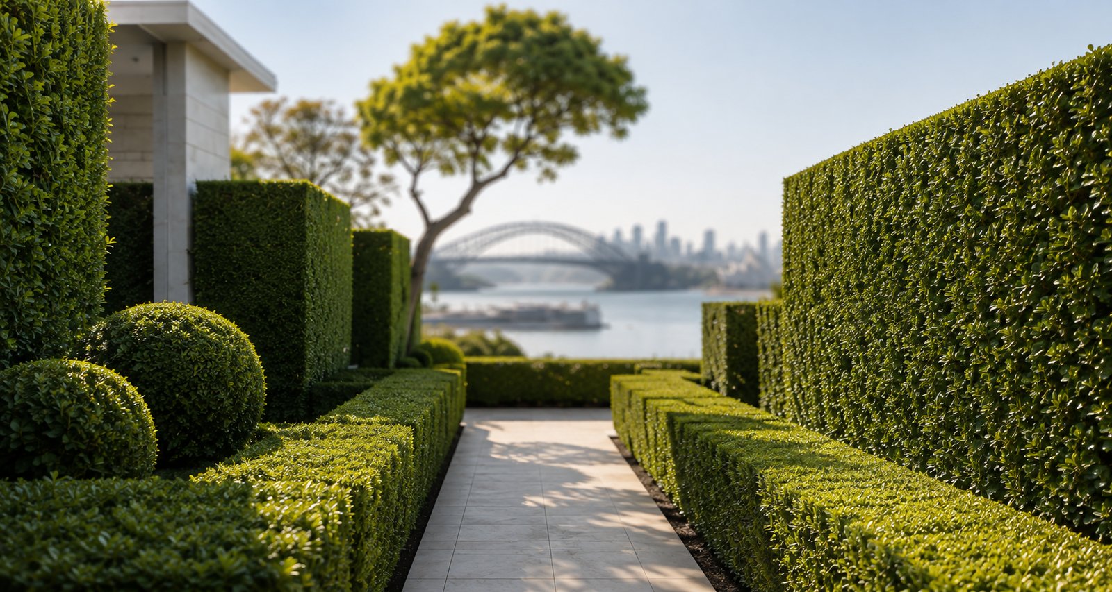 Manicured Sydney garden with clipped hedges, topiary and the Harbour Bridge in the background
