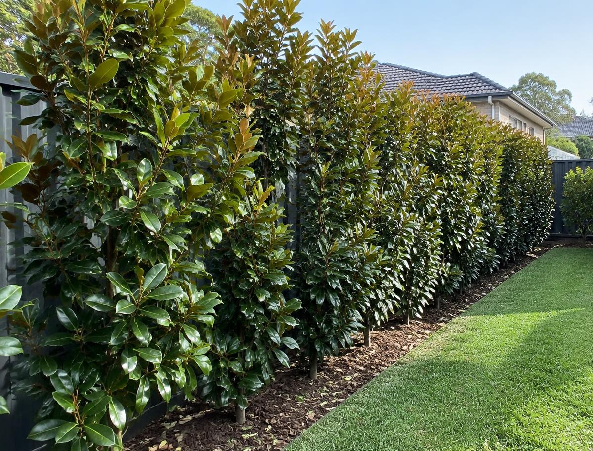 Magnolia Little Gem plants forming an evergreen screening row beside a Sydney boundary