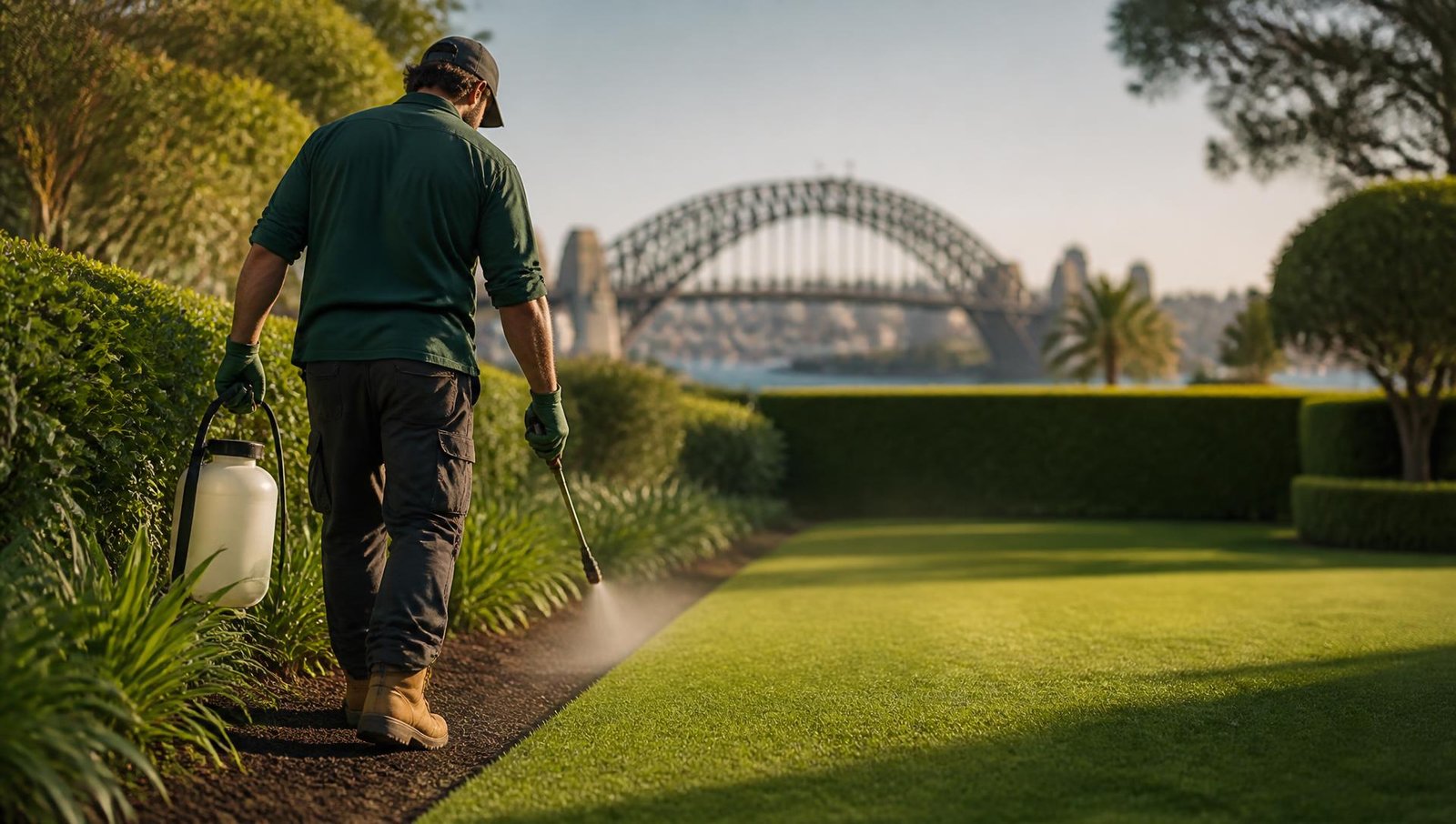 Professional gardener applying targeted weed control spray along a neat garden bed with Sydney Harbour Bridge in the background
