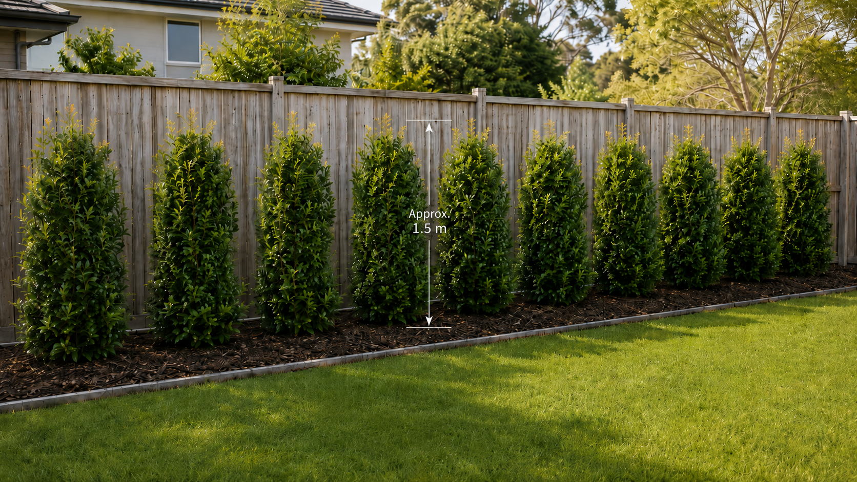 Row of young hedge plants approximately 1.5m tall along a Sydney backyard fence