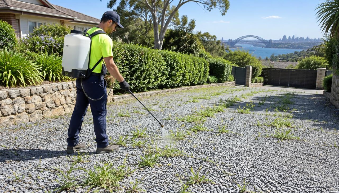 Accredited operator spraying weeds on a gravel driveway in Sydney