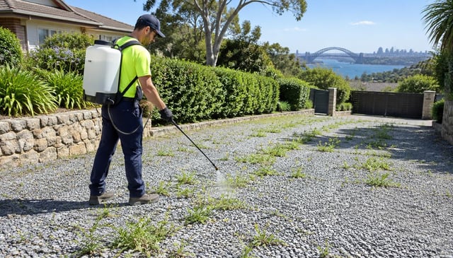 Accredited operator spraying weeds on a gravel driveway in Sydney