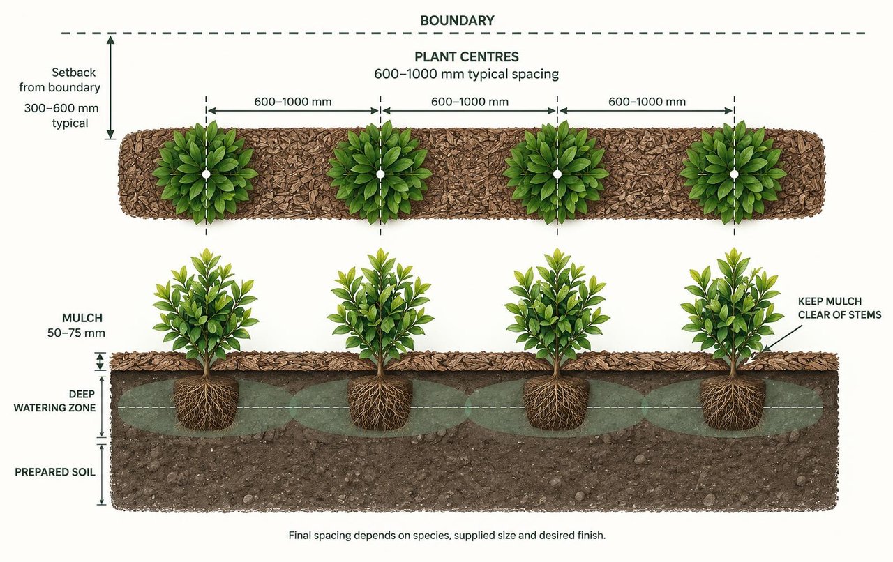 Hedge planting diagram showing centre-to-centre spacing, boundary setback, mulch depth, prepared soil and deep watering zones