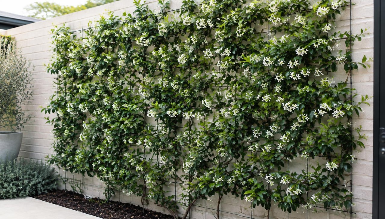 Star jasmine trained flat against a brick fence on a wire trellis