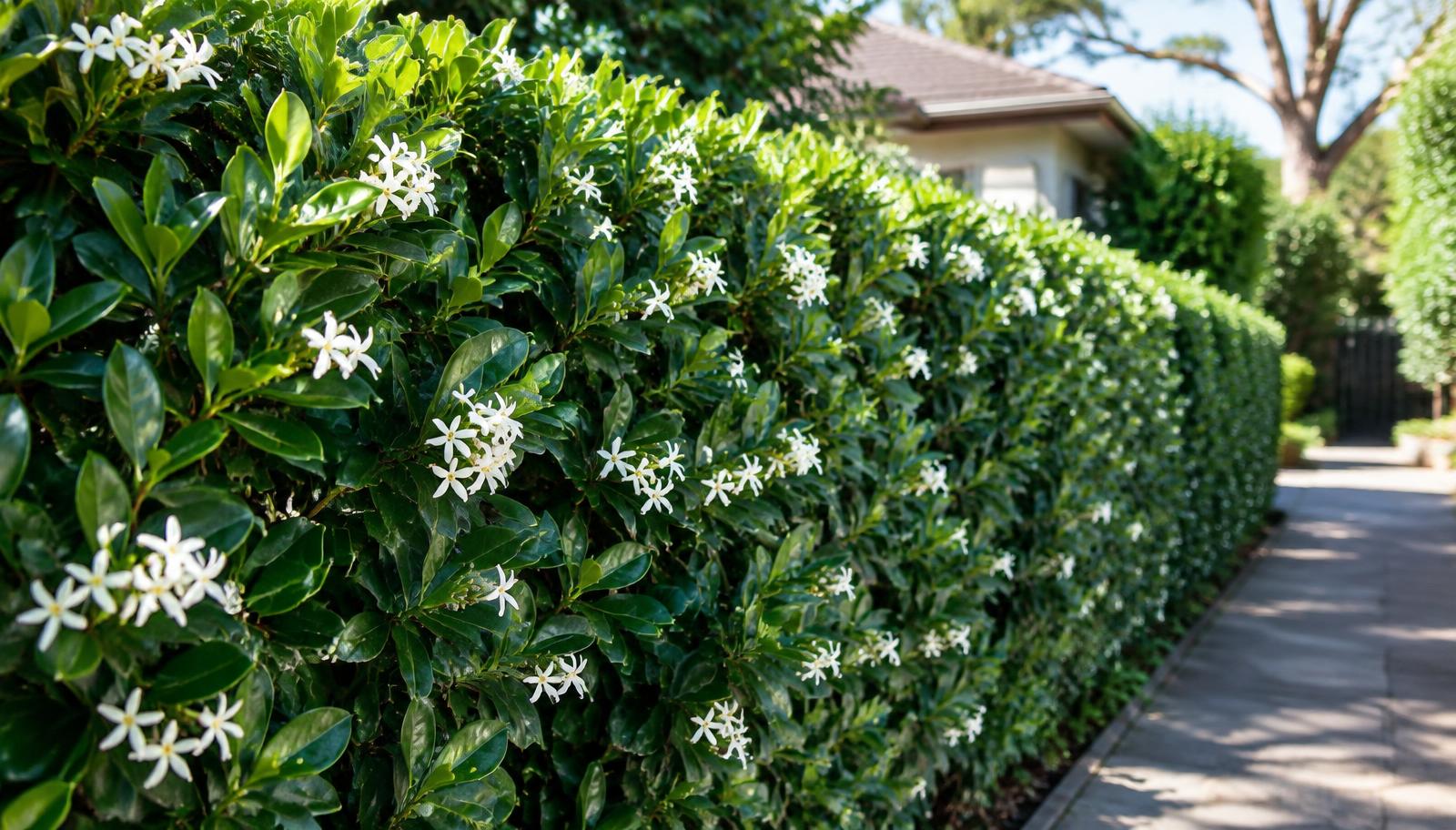 Dense star jasmine hedge with white star-shaped flowers along a Sydney garden path